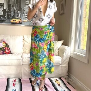 100%silk tropical print wrap midi skirt